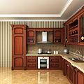 Elegant Traditional Kitchen Interior With Wooden Cabinets Striped Wallpaper And Countertop