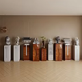 Decorative Ornaments Arrangement On Various Material Cabinets With Beige Wall Wooden Floor And Hanging Lamp