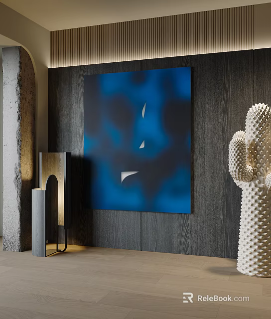 Abstract Painting In Blue And Black On Wooden Wall With Floor Lamp And Cactus Decor 3d model 