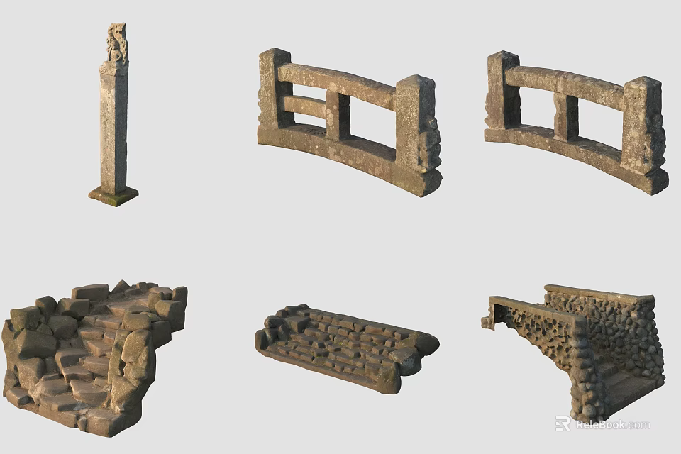 Stone Landscape Sculptures With Pillar Railing Bridge Steps And Decorative Elements 3d model