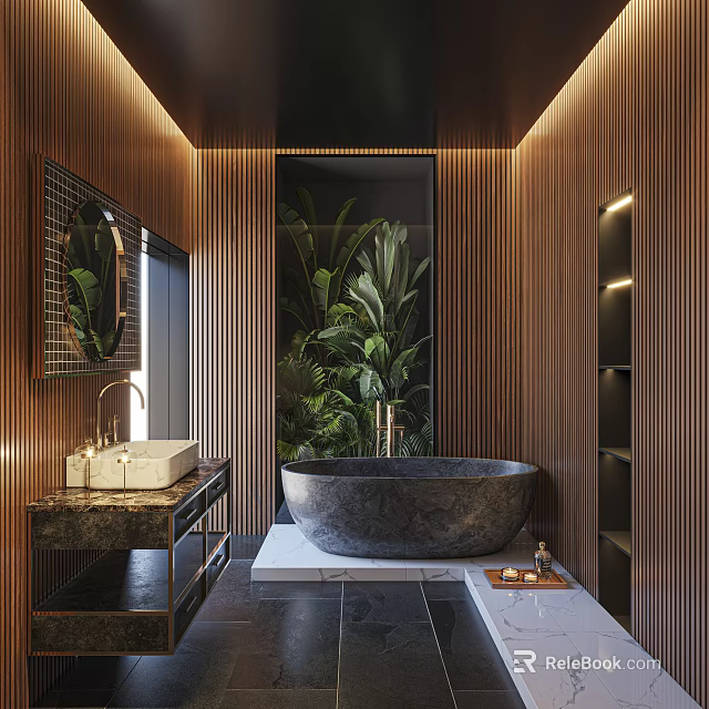 Modern Bathroom With Wooden Walls Black Ceiling Freestanding Stone Bathtub Green Plants And Marble Vanity 3d model 