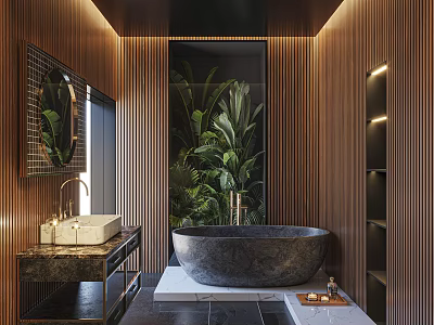 Modern Bathroom With Wooden Walls Black Ceiling Freestanding Stone Bathtub Green Plants And Marble Vanity 3d model