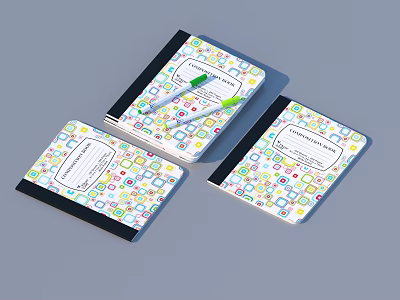 Three Colorful Geometric Pattern Cover Notebooks With White Labels And Green Pens 3d model
