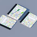 Three Colorful Geometric Pattern Cover Notebooks With White Labels And Green Pens