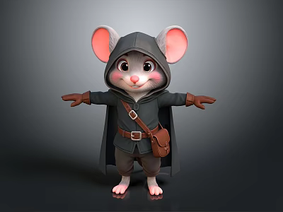 Cute 3D Model Mouse With Hooded Cloak And Brown Satchel Big Ears 3d model