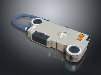Tactical Weapon Sensor Component With Metal Casing Blue Cable Circular Holes And Yellow Indicator Light 3d model