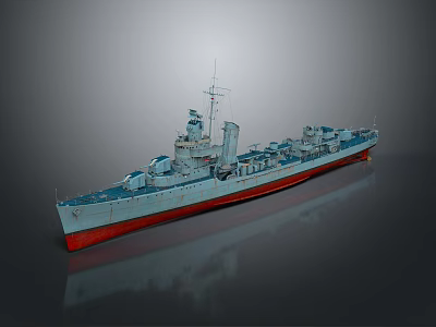 3D Warship Model With Gray Hull Red Bottom Superstructure Mast And Turrets 3d model