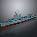 3D Warship Model With Gray Hull Red Bottom Superstructure Mast And Turrets
