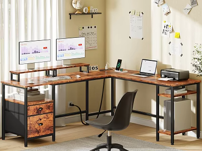 L Shaped Wooden Metal Desk With Double Monitors Laptop Printer And Office Chair 3d model