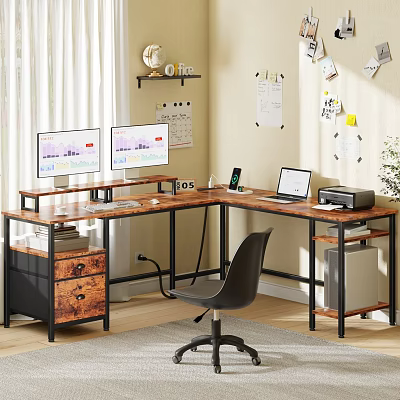 L Shaped Wooden Metal Desk With Double Monitors Laptop Printer And Office Chair 3d model