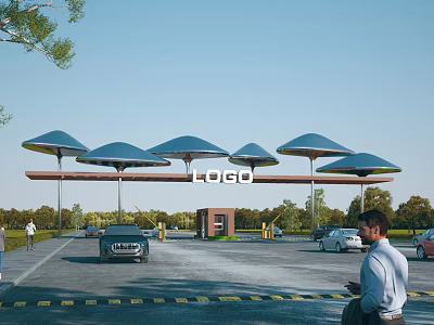 Modern Entrance Gate With Umbrella Shaped Canopies Logo Sign And Vehicles In Parking Area 3d model