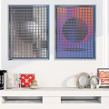 Elegant Interior Decor Featuring Grid Framed Artworks And Shelf Decorative Items 3d model