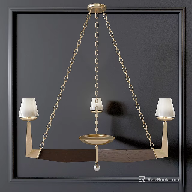 Modern Gold Chandelier with White Lampshades Wooden Frame and Hanging Chains 3d model 