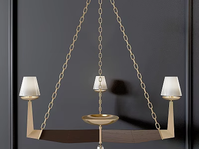 Modern Gold Chandelier with White Lampshades Wooden Frame and Hanging Chains 3d model