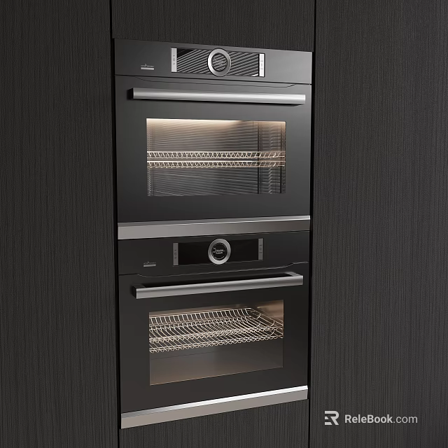 Modern Built In Black Ovens In Dark Kitchen Cabinets With Metal Handles And Control Panels 3d model 
