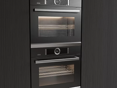 Modern Built In Black Ovens In Dark Kitchen Cabinets With Metal Handles And Control Panels 3d model