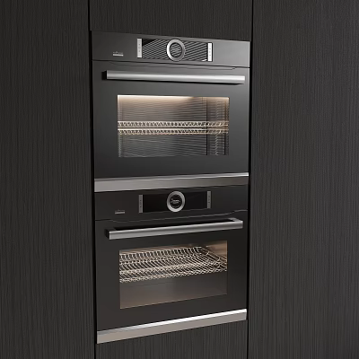 Modern Built In Black Ovens In Dark Kitchen Cabinets With Metal Handles And Control Panels 3d model