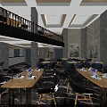 Modern Restaurant Interior Design With Wooden Ceiling Large Windows And Dining Tables 3d model