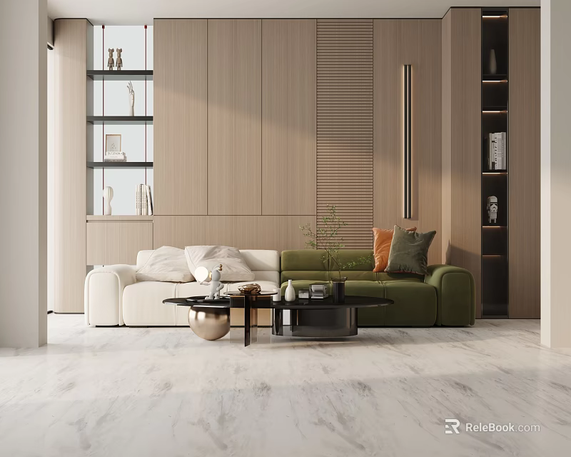 Three-Seater Sofa In Modern Living Room With Green White Pillows Coffee Table On Marble Floor 3d model 