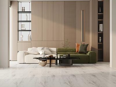 Three-Seater Sofa In Modern Living Room With Green White Pillows Coffee Table On Marble Floor 3d model