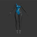 Woman Wearing Blue One Piece Bodysuit With Black Long Sleeves And Black Tights