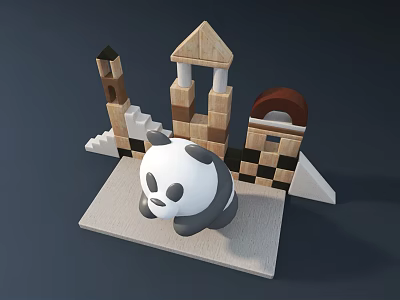 Cute Panda Doll With Wooden Building Blocks Castle Tower And Arch 3d model