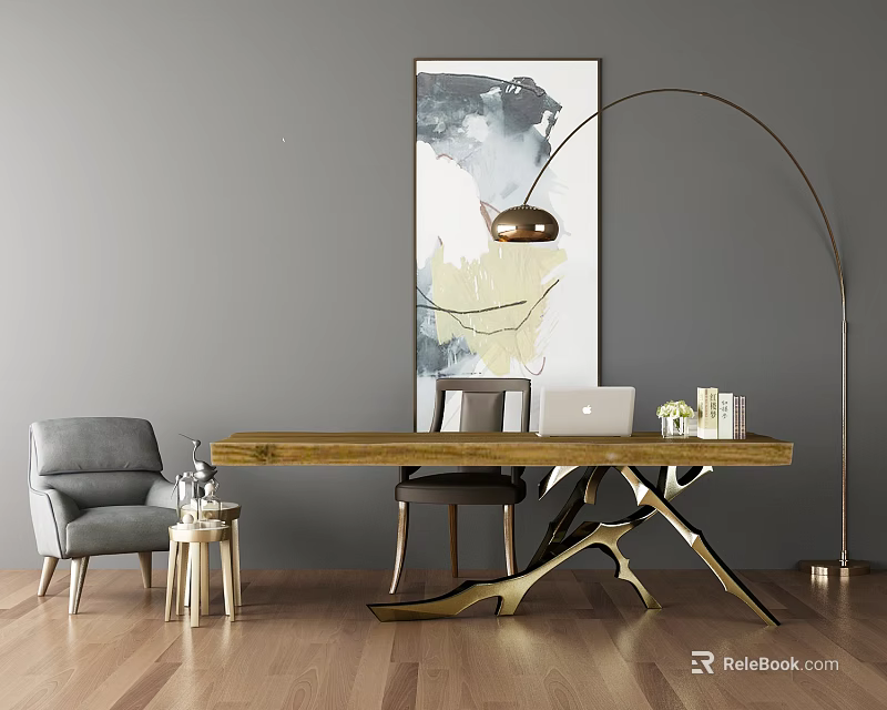 Modern Office Desk With Wooden Surface Gold Legs Laptop Floor Lamp And Gray Chair 3d model 