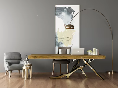 Modern Office Desk With Wooden Surface Gold Legs Laptop Floor Lamp And Gray Chair 3d model