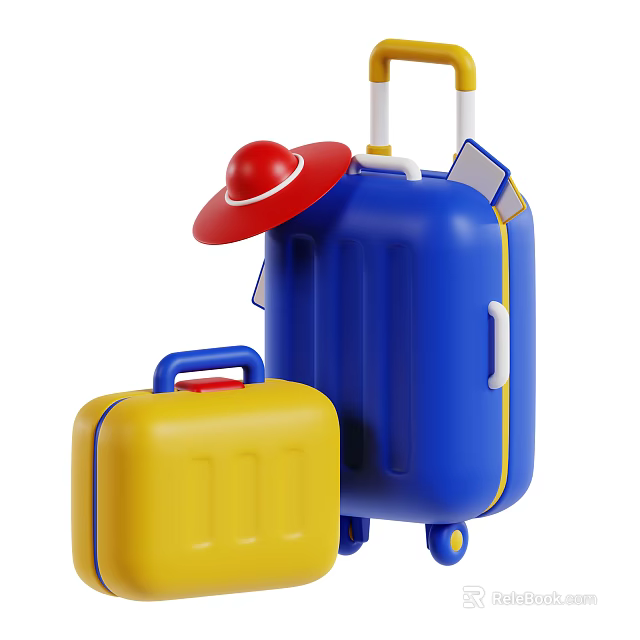 Colorful Travel Luggage Collection Blue Suitcase With Wheels Red Hat And Yellow Case 3d model 