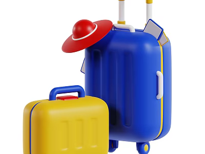 Colorful Travel Luggage Collection Blue Suitcase With Wheels Red Hat And Yellow Case 3d model
