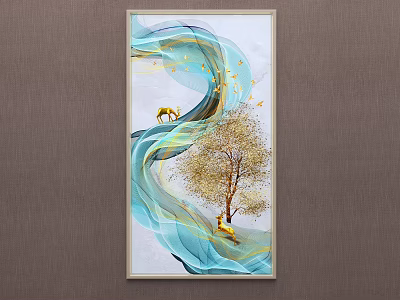 Abstract Wall Art Painting With Blue Yellow Flowing Ribbons Golden Tree And Deer 3d model