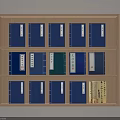 Neatly Arranged Blue Covered Books with Green Book and Yellow Label on Wooden Bookshelf