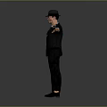 Male Character in Black Suit and Hat Standing with Arms Outstretched on Gray Background