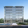 Modern High Rise Residential Building With Glass Facade Lush Greenery And Outdoor Pool