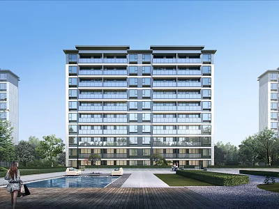 Modern High Rise Residential Building With Glass Facade Lush Greenery And Outdoor Pool 3d model