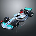 Mercedes Formula 1 Racing Car With Silver Body Green Accents Red Helmet And Aerodynamic Design