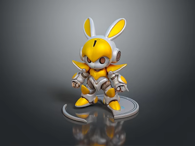 Game and Movie Character Yellow Rabbit Shaped Robot with Metallic Armor Standing on Base 3d model