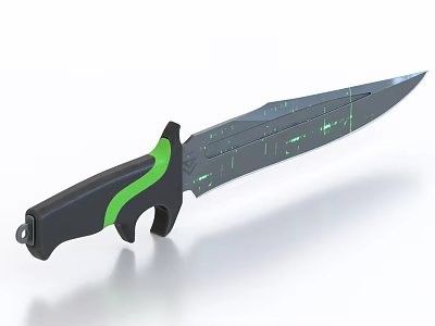 Futuristic Knife with Black Handle Green Accents and Digital Pattern Blade Design for Tactical Use 3d model