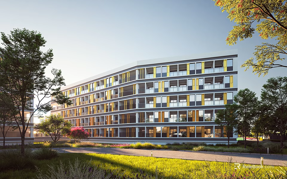 Modern Multi Storey School Building Featuring Large Windows Trees and Green Lawns in Sunlight 3d model