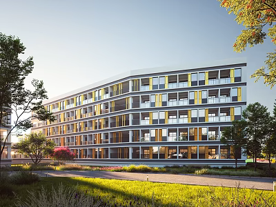 Modern Multi Storey School Building Featuring Large Windows Trees and Green Lawns in Sunlight 3d model