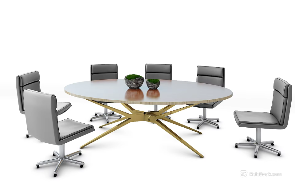 Round Conference Table With Gold Legs Light Top And Gray Office Chairs With Green Plants 3d model 