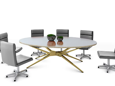 Round Conference Table With Gold Legs Light Top And Gray Office Chairs With Green Plants 3d model