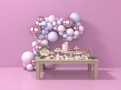 Elegant Pastel Pink Balloon Arch Decoration With Dessert Table And Sweet Treats 3d model