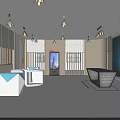 High Tech Modern Exhibition Hall With Large Blue Screen Industrial System And White Tables