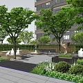Tranquil Residential Landscape With Lush Trees Greenery Benches People Relaxing And Sculpture