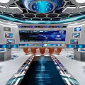Modern Control Room with Multiple Monitors Blue Displays Control Desks and Ergonomic Chairs