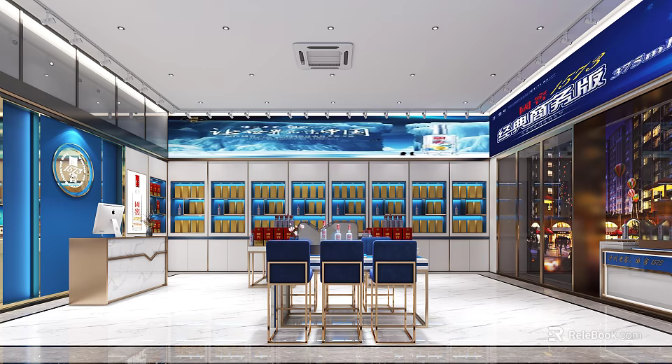 Modern Tobacco and Liquor Store Interior With Shelves Products Counter And Tables Chairs 3d model 