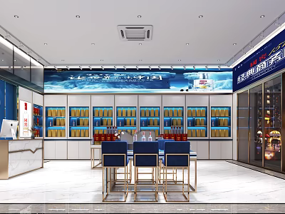 Modern Tobacco and Liquor Store Interior With Shelves Products Counter And Tables Chairs 3d model