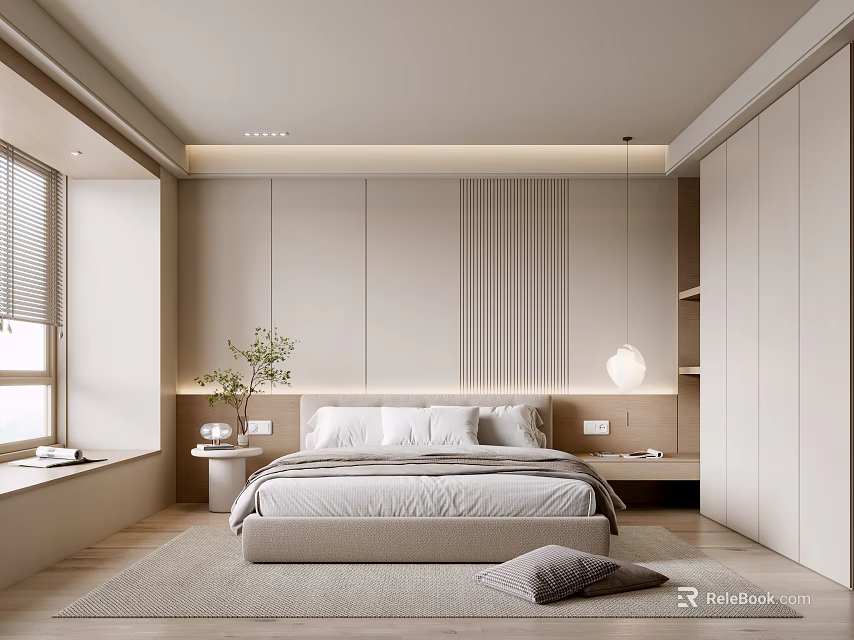 Modern Bedroom Interior Design With Platform Bed Striped Wall And Built In Wardrobe 3d model 