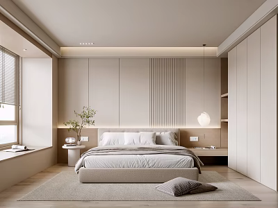 Modern Bedroom Interior Design With Platform Bed Striped Wall And Built In Wardrobe 3d model